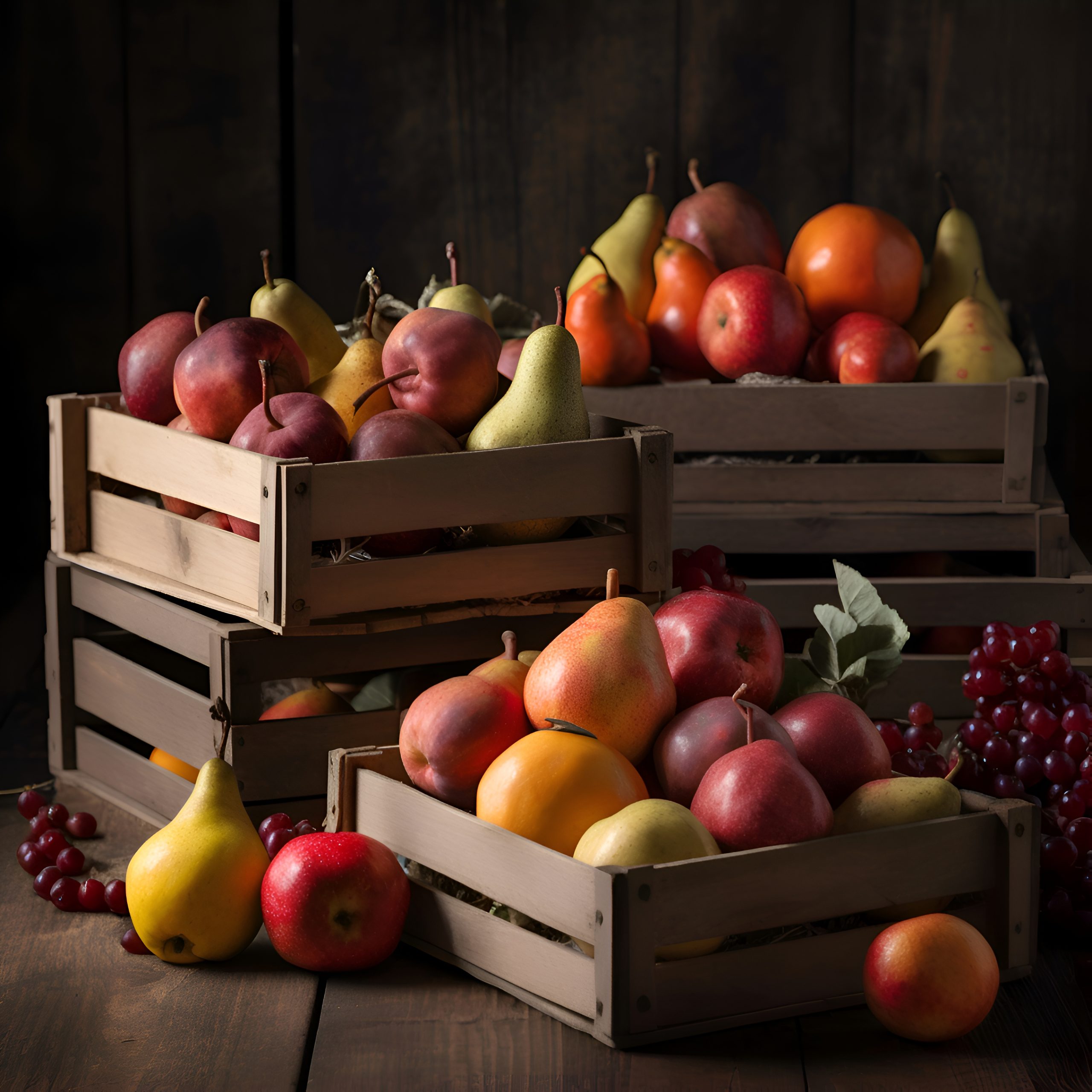 Fresh fruits in wooden boxes on rustic wooden background. selective focus